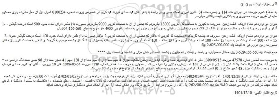 مزایده فروش میزان دو دوازدهم مشاع ازیک قطعه زمین