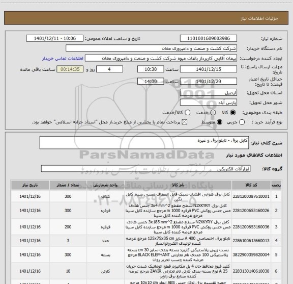 استعلام کابل برق - تابلو برق و غیره