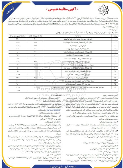  مناقصه بکارگیری پیمانکار واجدالشرایط جهت اجرای پروژه آسفالت معابر سطح شهر- نوبت دوم