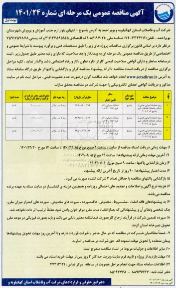 مناقصه پروژه عملیات اجرایی بخشی از شبکه و انشعابات فاضلاب....