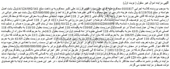 مزایده فروش ششدانگ عرصه و اعیان زمین مزروعی به شماره 411 فرعی از 118 اصلی