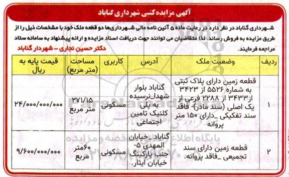 مزایده فروش دو قطعه زمین مسکونی