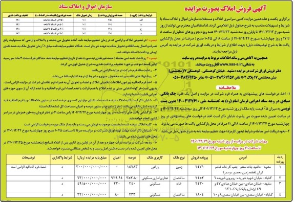 مزایده یکصد و هفدهمین  مزایده کتبی سراسری املاک و مستغلات