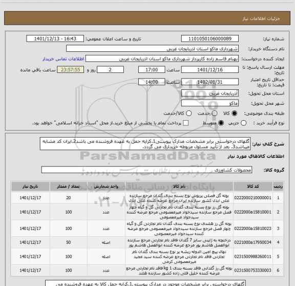 استعلام گلهای درخواستی برابر مشخصات مدارک پیوستی1.کرایه حمل به عهده فروشنده می باشد2.ایران کد مشابه میباشد3. بعد از تأیید مسئول مربوطه خریداری می گردد.