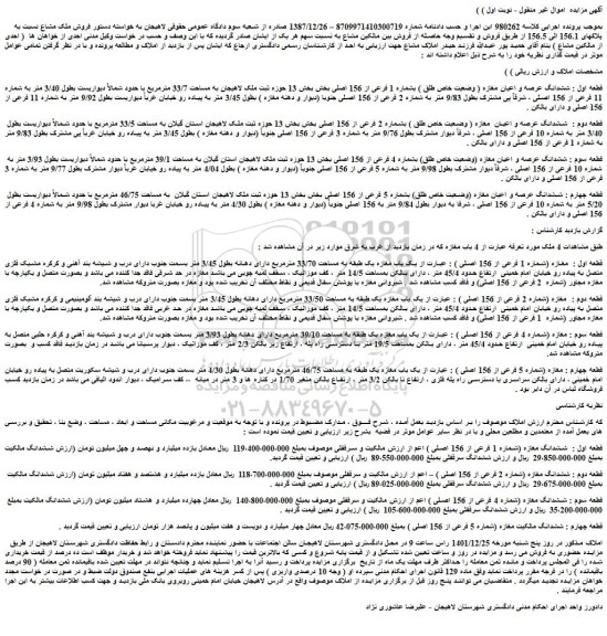 مزایده فروش ششدانگ عرصه و اعیان مغازه ( وضعیت خاص طلق ) بشماره 1 فرعی از 156 اصلی