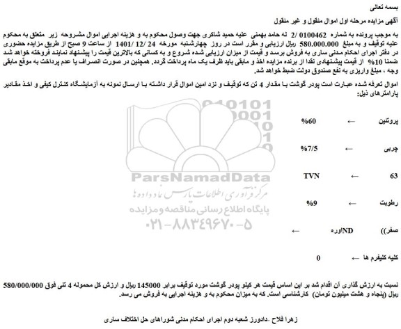مزایده فروش پودر گوشت با مقدار 4 تن