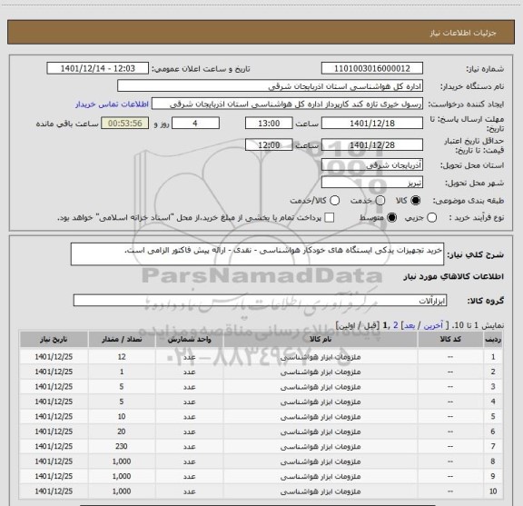 استعلام خرید تجهیزات یدکی ایستگاه های خودکار هواشناسی - نقدی - ارائه پیش فاکتور الزامی است.