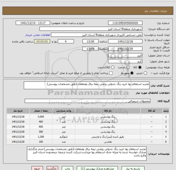 استعلام تجدید استعلام بها خرید رنگ جدولی روغنی نیمه براق ومتعلقات(طبق مشخصات پیوستی)