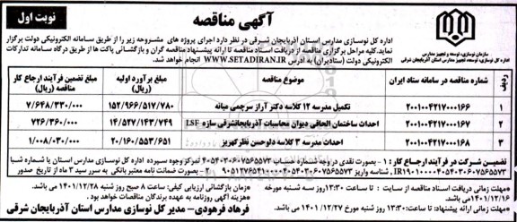 مناقصه تکمیل مدرسه 12 کلاسه دکتر آراز سرچمی..