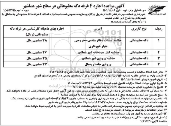 مزایده اجاره 4 غرفه دکه مطبوعاتی در سطح شهر ـ نوبت دوم
