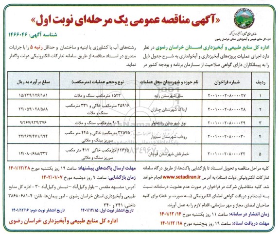 مناقصه اجرای عملیات پروژه های آبخیزداری و آبخوانداری