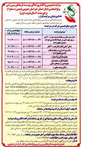 مزایده واگذاری اماکن موسسه فرهنگی، ورزشی و توانبخشی ایثار به صورت مجزا برای مدت 2 سال