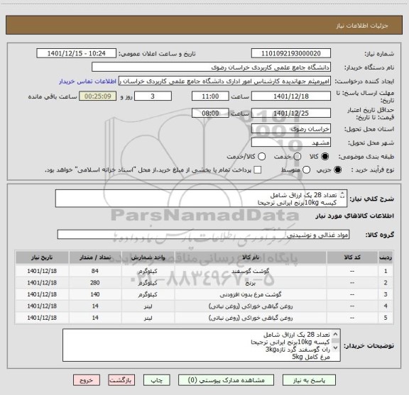 استعلام تعداد 28 پک ارزاق شامل
کیسه 10kgبرنج ایرانی ترجیحا
ران گوسفند گرد تازه3kg
مرغ کامل 5kg
روغن زیتون 0.5lit
روغن کنجد0.5lit