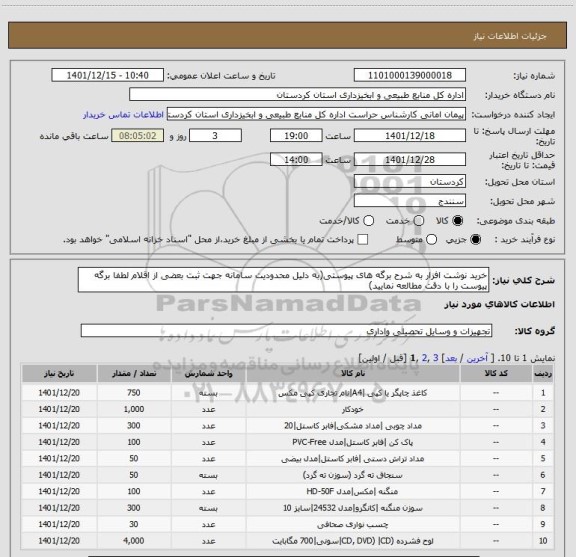 استعلام خرید نوشت افزار به شرح برگه های پیوستی(به دلیل محدودیت سامانه جهت ثبت بعضی از اقلام لطفا برگه پیوست را با دقت مطالعه نمایید)