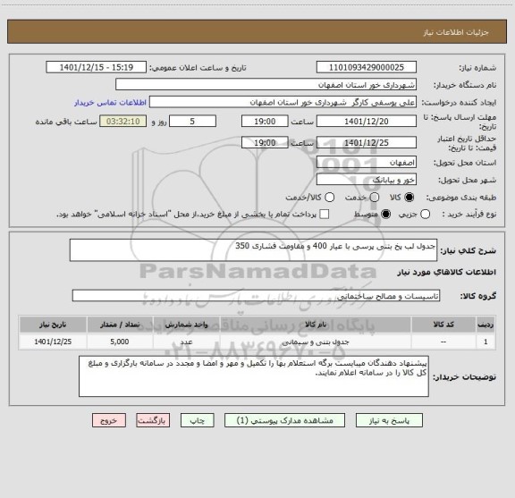 استعلام جدول لب پخ بتنی پرسی با عیار 400 و مقاومت فشاری 350