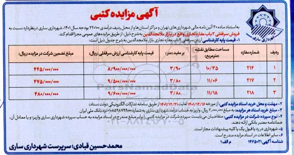 مزایده فروش سرقفلی 3 باب مغازه تجاری واقع در بازار