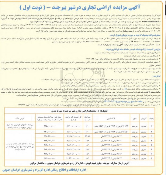 مزایده فروش تعدادی اراضی با کاربری تجاری