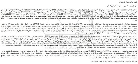 مزایده فروش ششدانگ عرصه و اعیان یک واحد آپارتمان مسکونی به شماره 30530 فرعی از 33 اصلی قطعه 2 تفکیکی مفروز و مجزی شده از 13847 فرعی از اصلی 