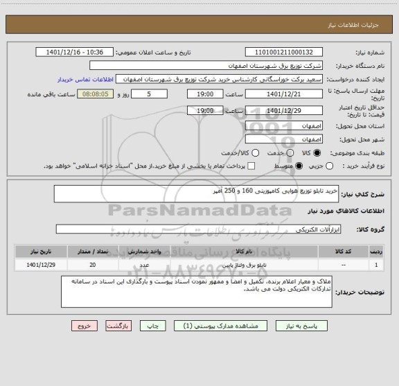 استعلام خرید تابلو توزیع هوایی کامپوزیتی 160 و 250 آمپر