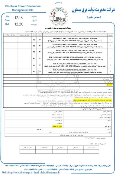 استعلام BAR PLATES, MAT.CORTEN STEEL و غیره ....