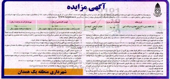 مزایده واگذاری یک قطعه زمین با کاربری تجاری به پلاک ثبتی 1534/1