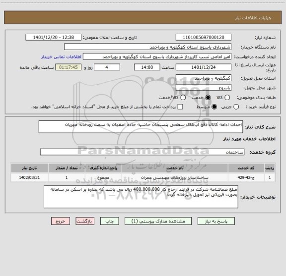 استعلام احداث ادامه کانال دفع آب های سطحی بنسنجان حاشیه جاده اصفهان به سمت رودخانه مهریان