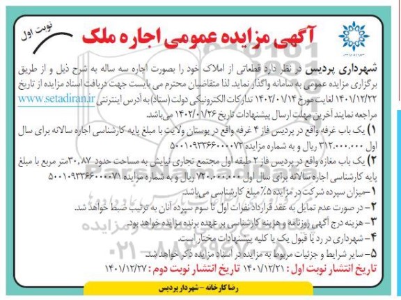مزایده عمومی اجاره ملک