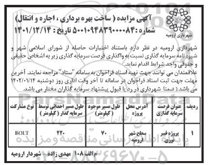 مناقصه، مزایده واگذاری فرصت سرمایه گذاری پروژه فیبرنوری 