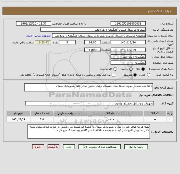 استعلام 510 عدد صندلی بدون دسته مدل حصیری جهت  تجهیز سالن تالار شهرداری سوق