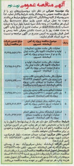 مناقصه عملیات باقی مانده حفاری، تحکیمات اولیه و تحکیمات ثانویه...  نوبت دوم 
