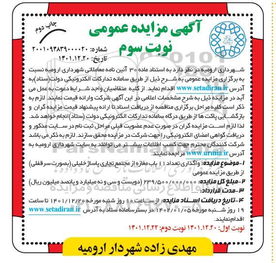 مزایده  واگذاری تعداد 11 باب مغازه از مجتمع تجاری پاساژ