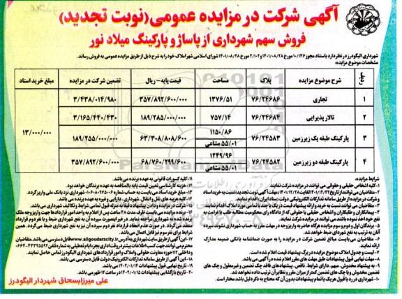 تجدید مزایده فروش سهم شهرداری از پاساژ و پارکینگ 