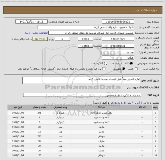 استعلام لوازم التحریر عیناً طبق لیست پیوست تامین گردد.
