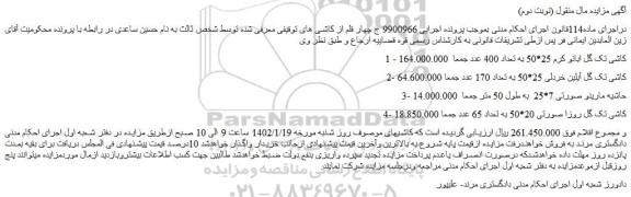 مزایده فروش کاشی تک گل ابانو کرم 25*50 به تعداد 400 عدد