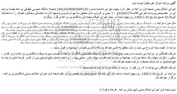 مزایده ششدانگ سرقفلی یکباب مغازه واقع در مراغه کمربندی شرقی 