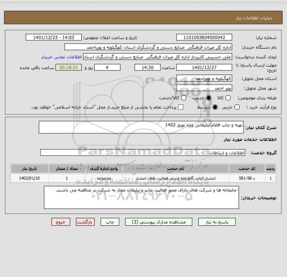 استعلام تهیه و چاپ اقلام تبلیغاتی ویژه نوروز 1402