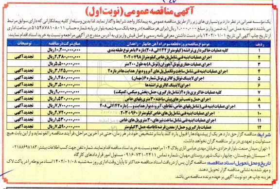 مناقصه کلیه عملیات خاکبرداری ترانشه....