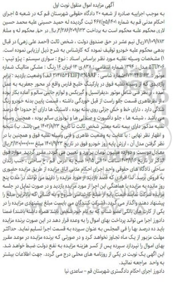 مزایده فروش پژو 206 5TU مدل 1394 رنگ مشکی متالیک