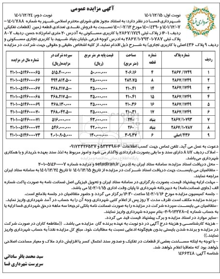 مزایده فروش تعدادی قطعه زمین از پلاک ثبتی 2867/1749 با کاربری مسکونی - نوبت دوم