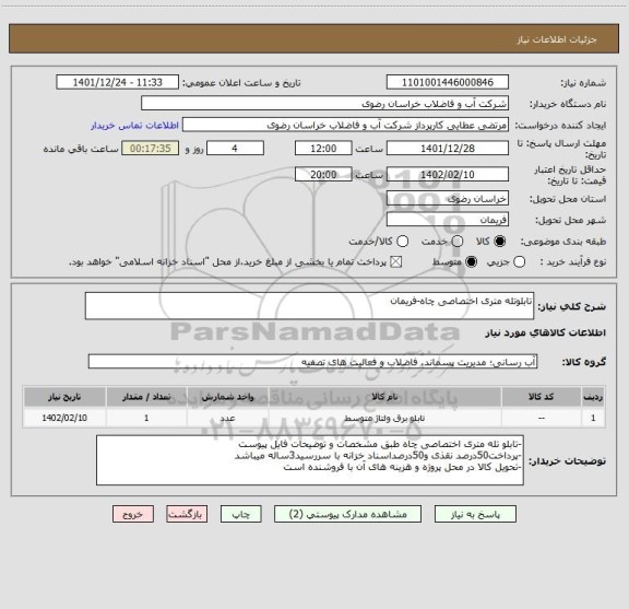 استعلام تابلوتله متری اختصاصی چاه-فریمان