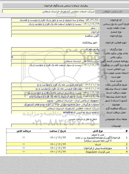 مناقصه, عملیات بارگیری ٬ حمل و تخلیه مقدار ۴۲۵۰ تن انواع نهاده های کشاورزی
