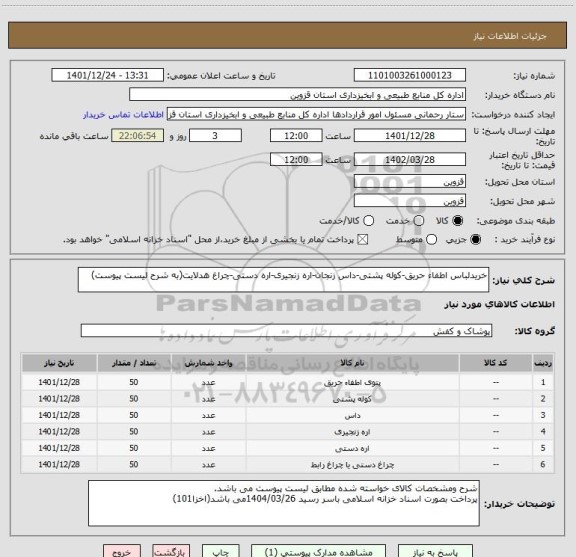 استعلام خریدلباس اطفاء حریق-کوله پشتی-داس زنجان-اره زنجیری-اره دستی-چراغ هدلایت(به شرح لیست پیوست)
