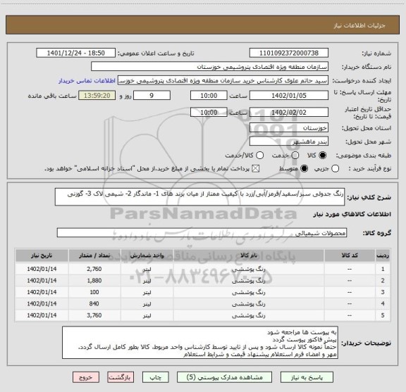 استعلام رنگ جدولی سبز/سفید/قرمز/آبی/زرد با کیفیت ممتاز، سامانه ستاد