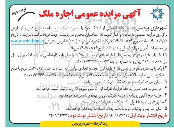 مزایده عمومی اجاره ملک