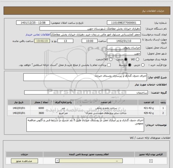 استعلام اجرای جدول گذاری و زیرسازی روستای خیراباد