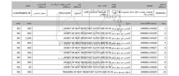 استعلام، ملزومات ونوشت افزار اداری وشوینده ها ولباس وک