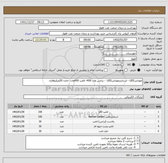 استعلام مهتابیLED - استارترمهتابیLED - ترانس وات 400- لامپ 400وات -خازن 20میکروفاراد