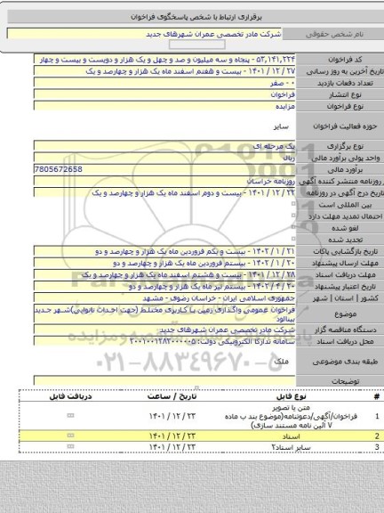 مزایده, فراخوان عمومی واگذاری زمین با کاربری مختلط (جهت احداث نانوایی)شهر جدید بینالود