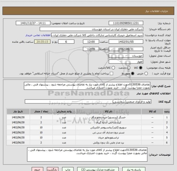 استعلام تقاضای 0130536جهت اطلاع بیشتر از کالای مورد نیاز به تقاضای پیوستی مراجعه شود ، پیشنهاد فنی ، مالی بصورت مجزا پیوست گردد ، خرید بصورت اعتباری میباشد.