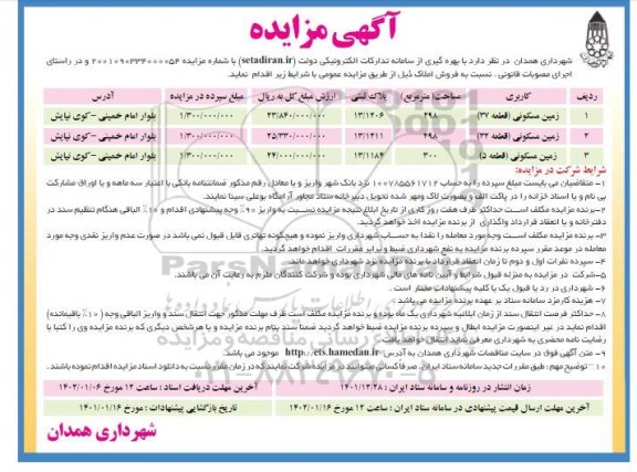 مزایده فروش املاک با کاربری زمین مسکونی 